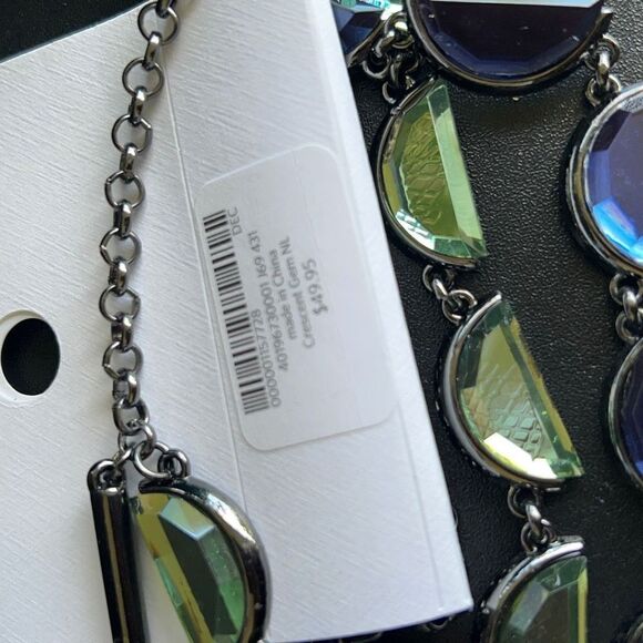 Coldwater Creek Necklace  Crescent Gem Necklace Blue Amber Gun Metal Gray - Picture 4 of 8